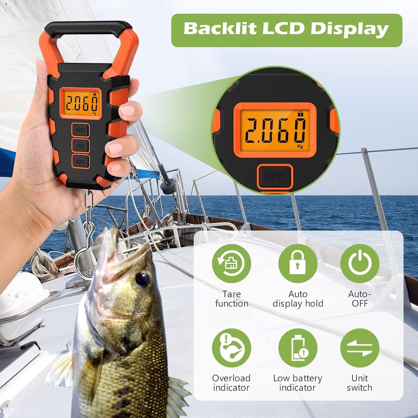 KeeKit Digital Fishing Scale with Ruler, 110lb/50kg Electronic Digital Luggage Scale, Waterproof Fishing Postal Hanging Hook Scale with Measuring Tape, Backlit LCD Display