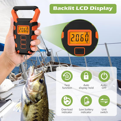 KeeKit Digital Fishing Scale with Ruler, 110lb/50kg Electronic Digital Luggage Scale, Waterproof Fishing Postal Hanging Hook Scale with Measuring Tape, Backlit LCD Display