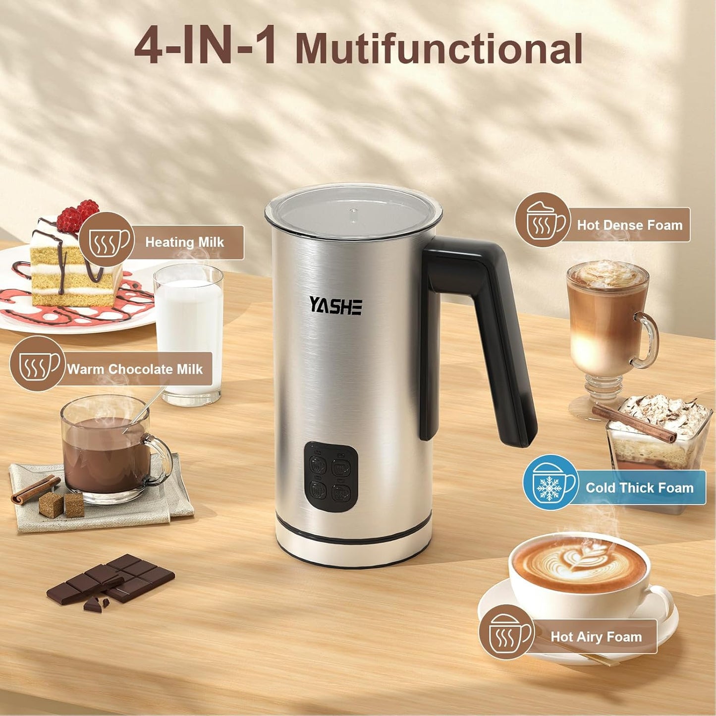 YASHE Milk Frother, 8.1 oz/240ml Milk Frother and Steamer, 4-in-1 Electric Milk Frother, Milk Steamer and Frother for Latte, Stainless Steel Milk Steamer, Easy Clean, Dense Velvety Foam