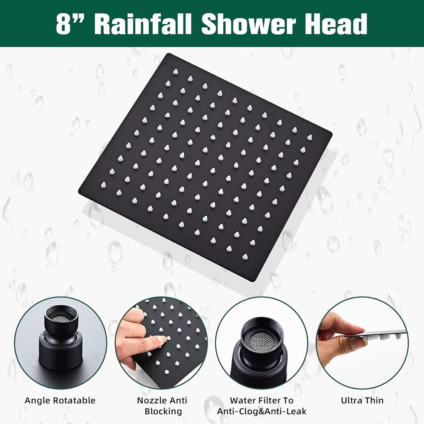 LCEVCGK Shower Faucet Set Complete Matte Black Shower System with 8 inch Square Rainfall Shower Head 3-Function Handheld Shower Waterfall Bathtub Spout Rain Shower Combo Set Bathroom Wall Mounted