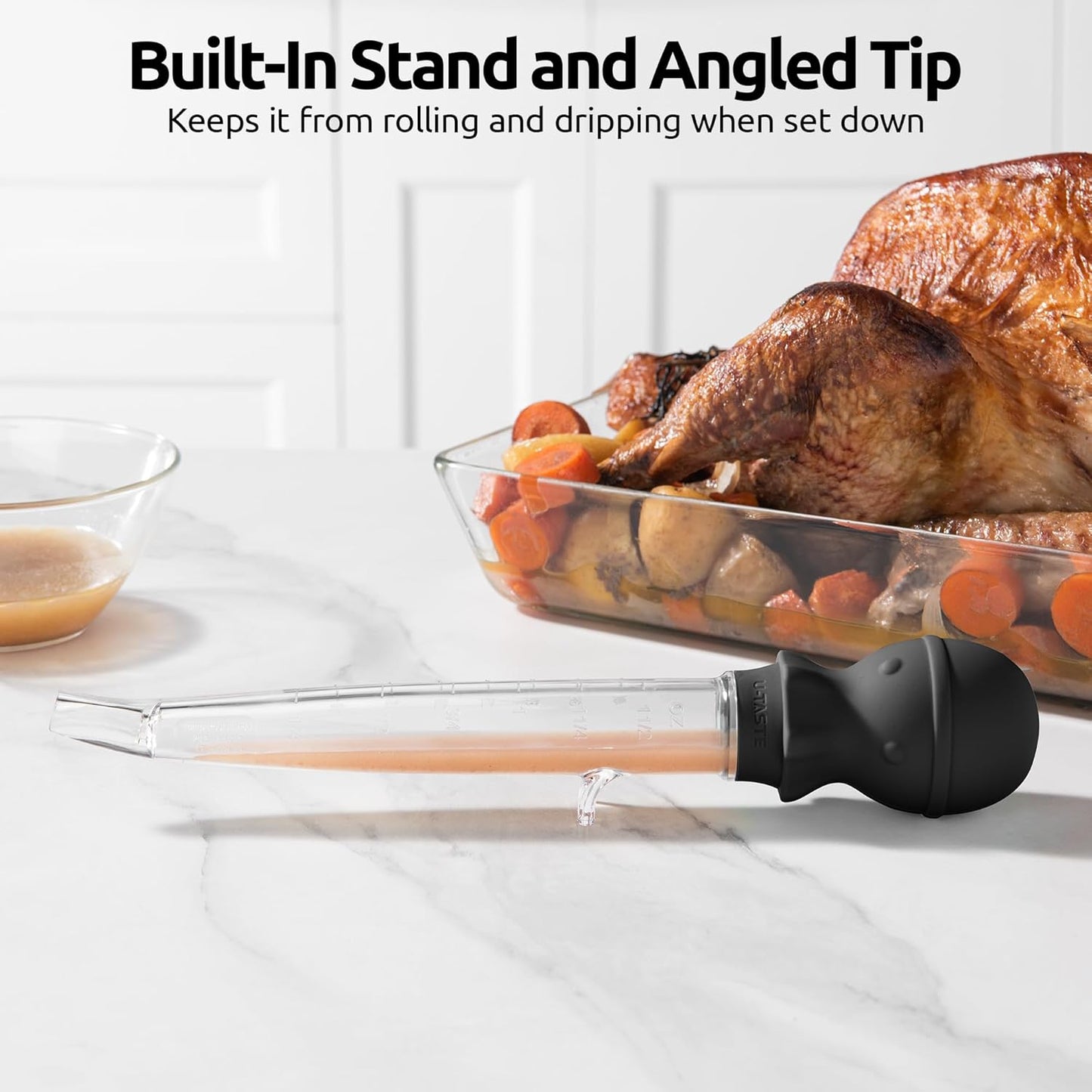 U-Taste 1.5oz Angled Turkey Baster - 228.2ºF Heat Resistant Food Grade Silicone Large Octopus Bulb Baster Set with Cleaning Brush for Cooking Basting Meat Poultry Beef Chicken (Black)