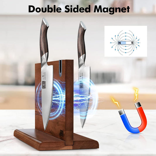 HOSHANHO Magnetic Knife Block 14 x 10 Inches, Double Sided Magnetic Knife Holder Rack for Kitchen Counter, Acacia Wood Magnetic Knife Storage Stand with Knife Sharpener - PuriLite