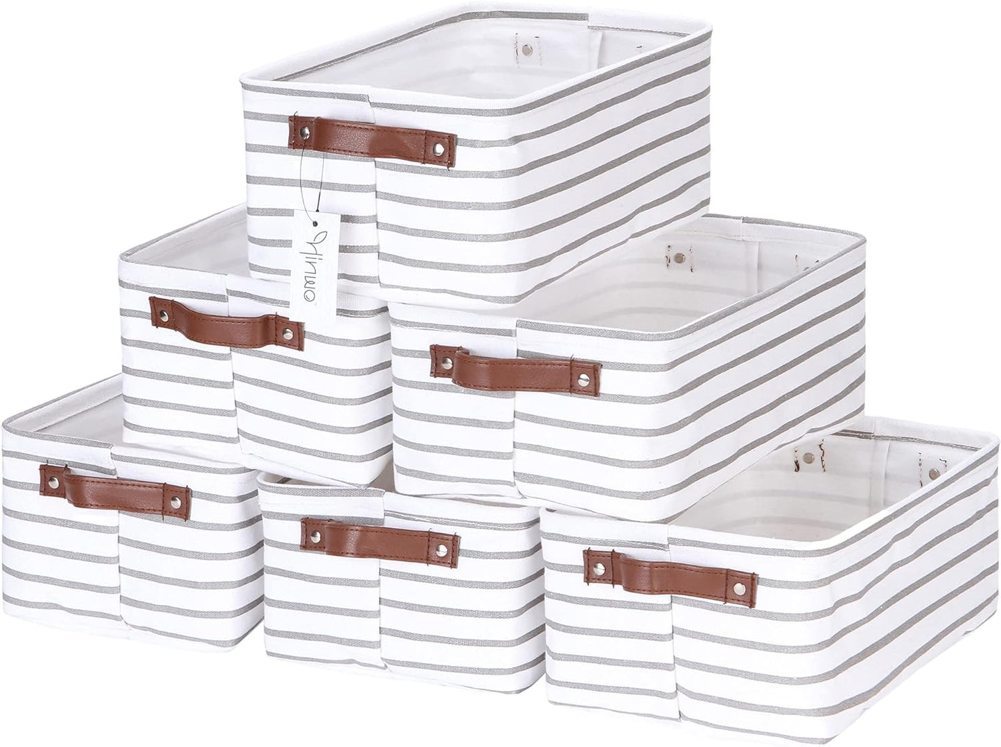 Hinwo 6-Pack Small Canvas Fabric Storage Baskets Set with Handles, Open Storage Bins, Cube Storage Organizer, Shelf Organizer Bins for Closet, 7.9L, 12 x 8 x 5 Inches, Grey Stripe