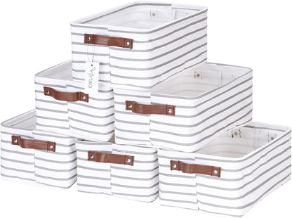 Hinwo 6-Pack Small Canvas Fabric Storage Baskets Set with Handles, Open Storage Bins, Cube Storage Organizer, Shelf Organizer Bins for Closet, 7.9L, 12 x 8 x 5 Inches, Grey Stripe