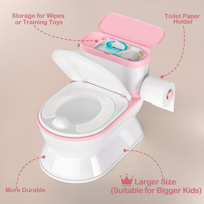 CheerTry Toddler Potty Training Toilet, Larger Potty Chair, Detachable Seat Suitable for Boys & Girls Ages 1-3, with Flushing Sound, Wipes Storage, Toilet Lid & Toilet Paper Holder - Pink