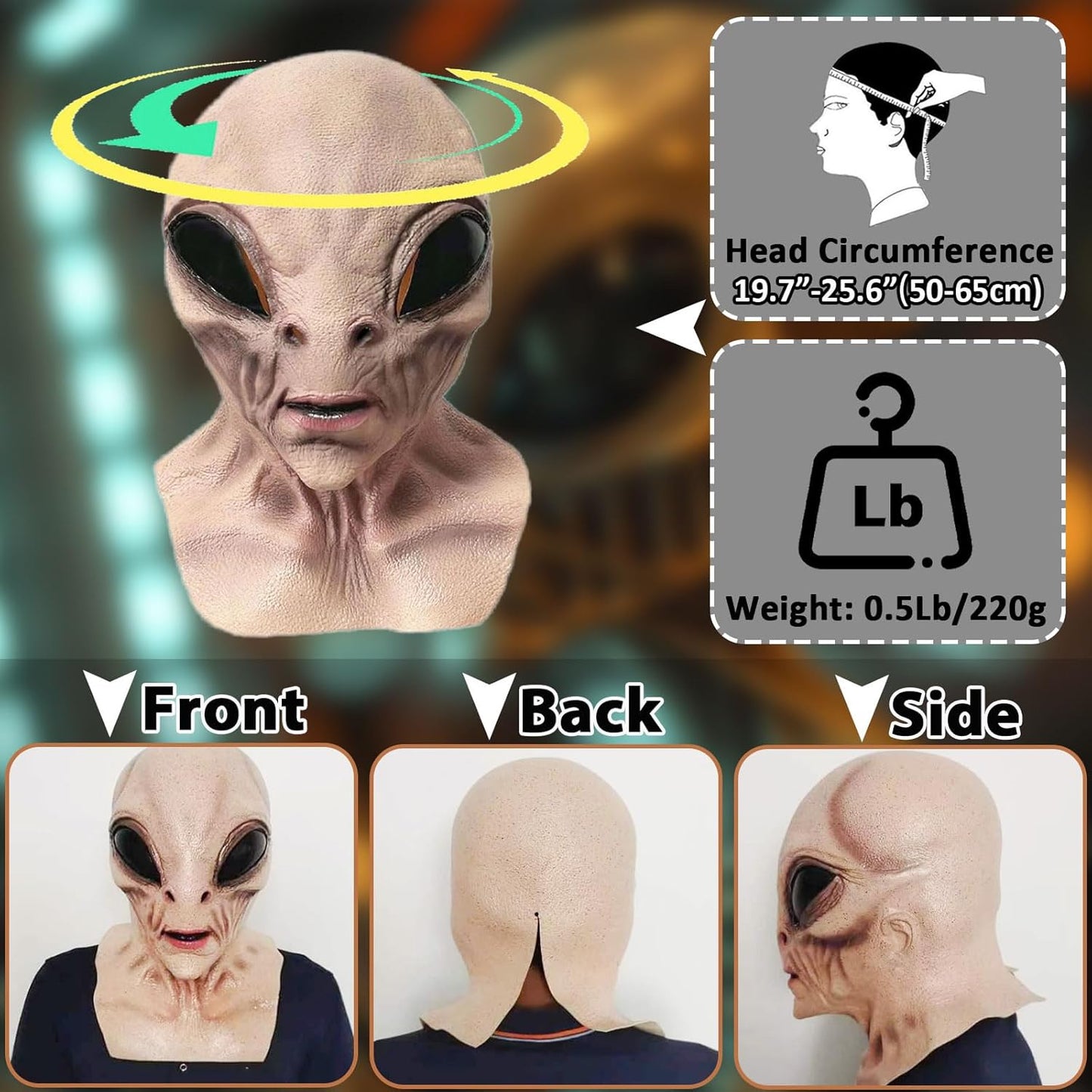 Alien Mask, Scary Latex UFO Head Mask, Realistic Alien Face Masks for Halloween Carnival Party Props - Light Brown