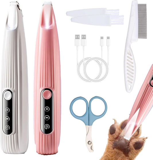 DoggyKings Pet Paw Trimmer 2Pack, 3 in 1 Electric Dog Trimmer, Rechargeable Waterproof with LED Light for Trimming Dog's Hair Around Paws, Eyes Ears Face Feet, with Nail Clippers, Grooming Brush
