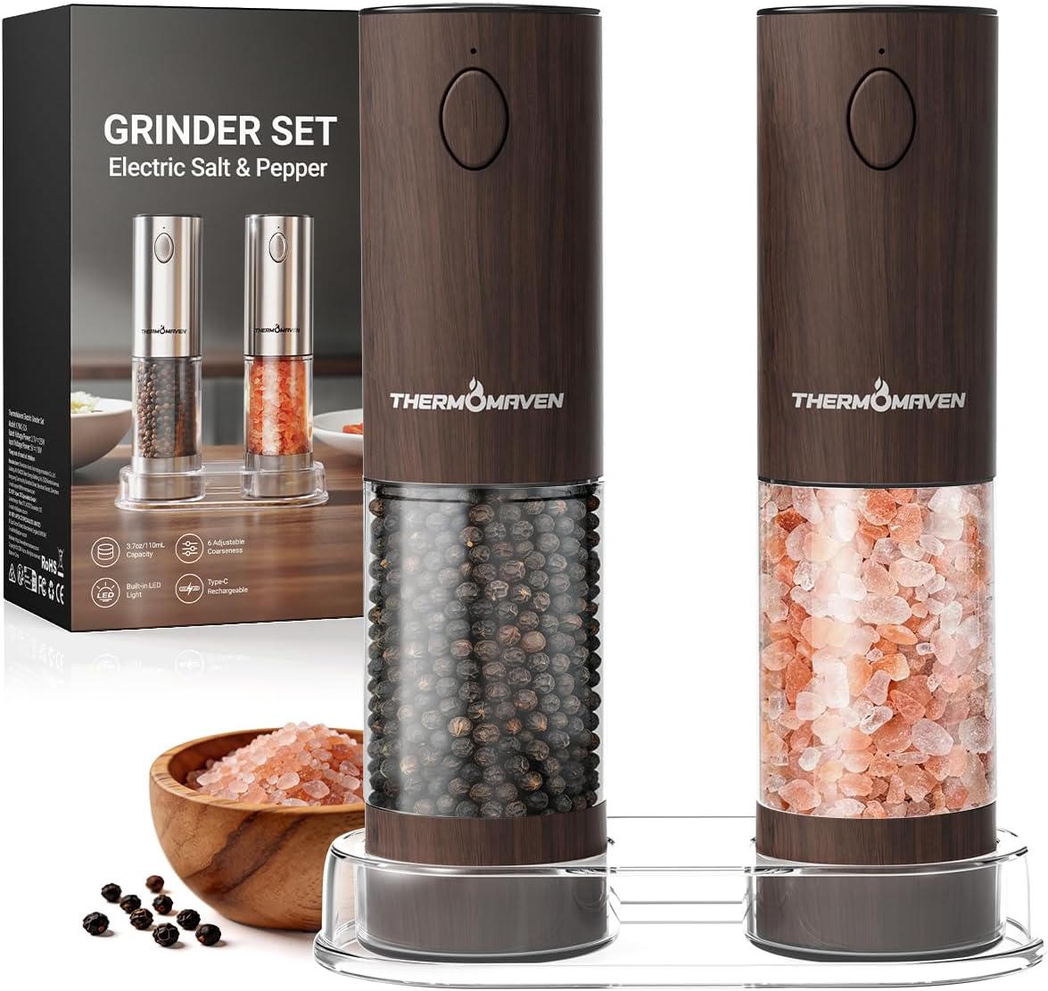 ThermoMaven Electric Salt and Pepper Grinder Set, 110ml Larger Rechargeable Automatic Salt and Pepper Mill Grinder with 6 Adjustable Coarseness, Electric Salt and Pepper Shakers, LED, 2 Packs, Silver