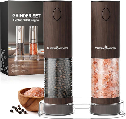ThermoMaven Electric Salt and Pepper Grinder Set, 110ml Larger Rechargeable Automatic Salt and Pepper Mill Grinder with 6 Adjustable Coarseness, Electric Salt and Pepper Shakers, LED, 2 Packs, Silver