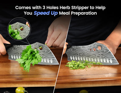 SYOKAMI Meat Cleaver Chef Knife, 7.7 Inch Multifunction Butcher Knife with Herb Stripper and Sheath, Chinese Cleaver Heavy Duty Bone Chopper, Meat Cutting, Damascus Pattern Full Tang Wood Handle