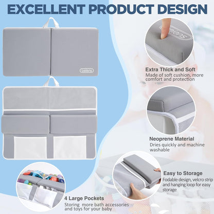 Beiens Baby Bath Kneeler and Elbow Rest Pad Set, 1.5-Inch Thick Memory Foam Quick-dry Non-slip Bathtub Kneeling Pad with 6 Suction Cups and 4 Toy Organizer Pockets for Bathing Babies and Toddlers