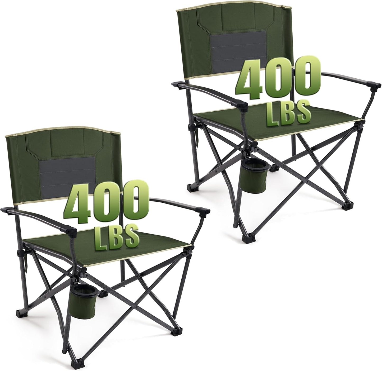 Folding Camping Chairs 2 Pack, Heavy Duty Camping Chairs for Adults Steel Frame Support 400 lbs, Metal Arm Lawn Chairs with Swivel Cup Holder, Hollow Backrest Camp Chair, Outdoor Sports Chairs, Green