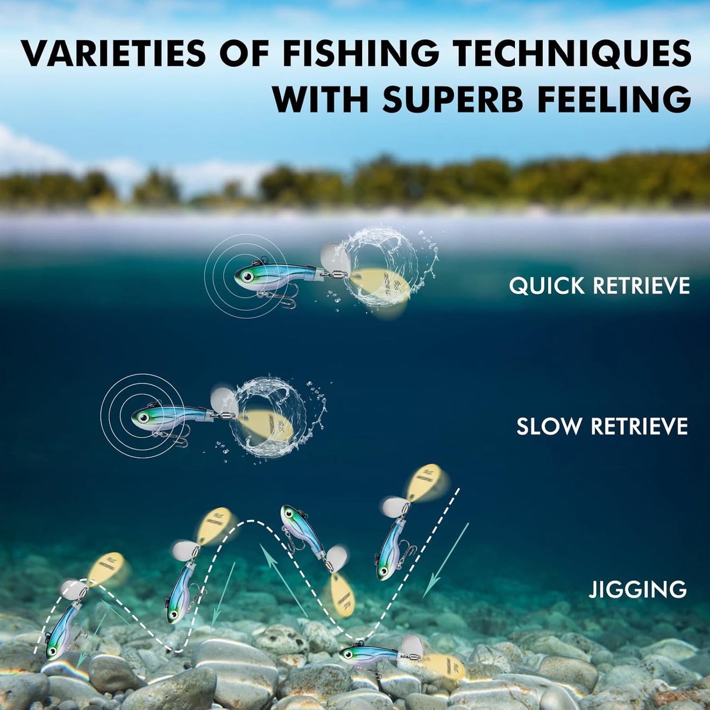 TRUSCEND Fishing Spinners with Unique Double Spoons, Nano-Plated Rooster Tail Fishing Lures with Copper Body & Blade, Great Action Blade Bait for Bass Trout Walleye, Freshwater Ice Fishing Jigs