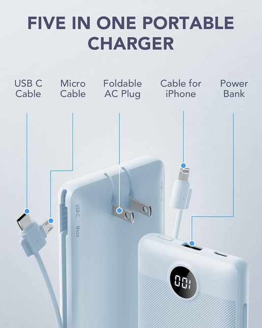 Power Bank Built-in Cables, VRURC 10000mAh Portable Charger USB C, Lightweight Charging Bank Built-in AC Plug, Replacement Battery Compatible with All Kinds of Cellphones, Tablet etc-Blue