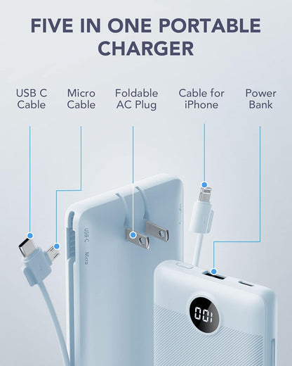 Portable Charger Built-in Cables and AC Wall Plug, VRURC USB C Power Bank 10000mAh, [2025 Upgraded Version] Phone Charger Compact Lightweight External Battery Pack for Smart Phones,Navy Blue