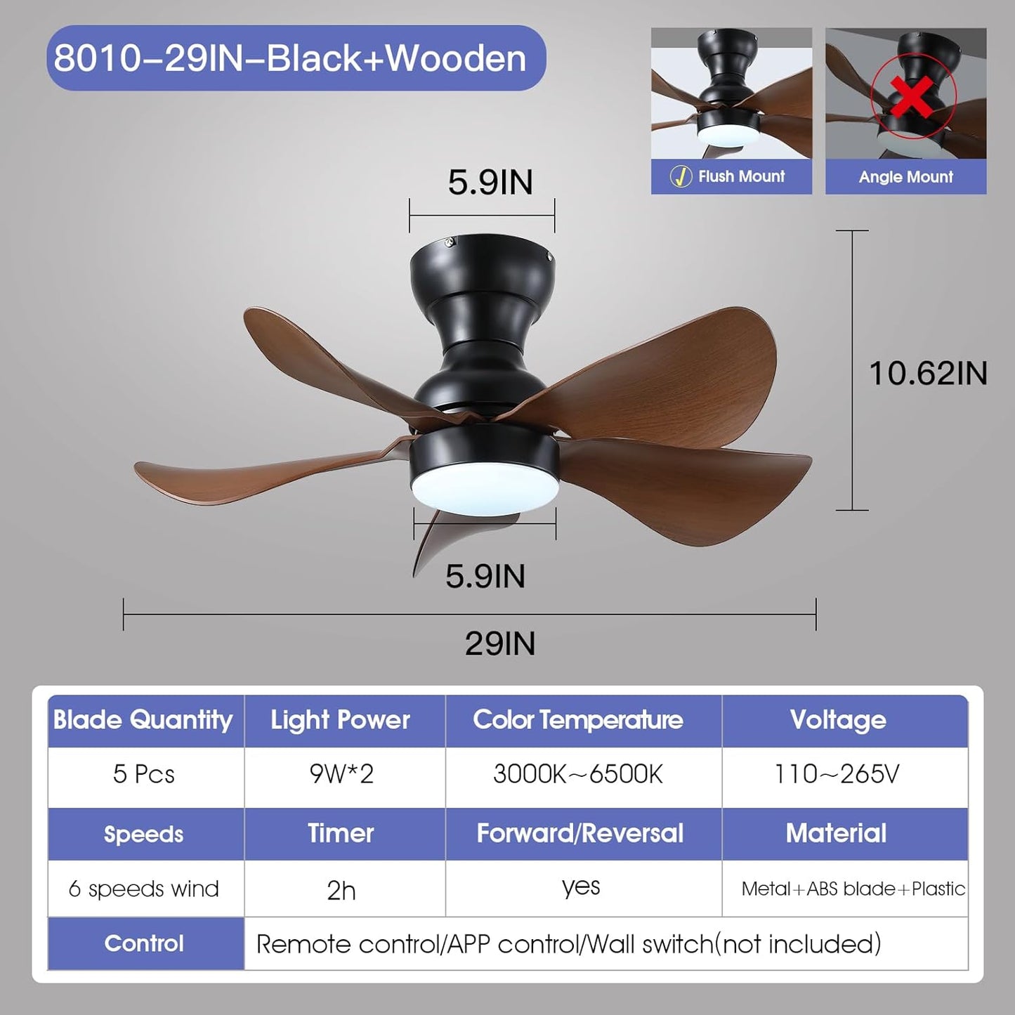 Modern Ceiling Fans with Lights Remote/APP Control, 29" Flush Mount Ceiling Fans with 3 CCT Dimmable Lights, Low Profile Ceiling Fans with 5 Propeller Blades LED Lights for Kids Room Bedroom, Brown - PuriLite