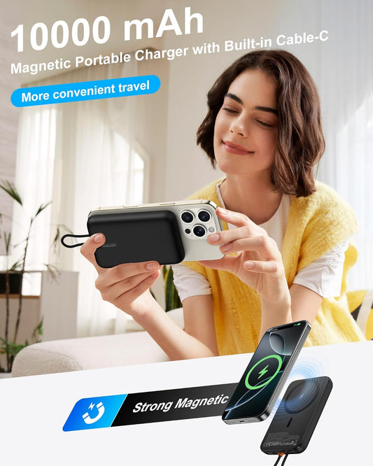 AsperX for Magsafe Power Bank, 10000mAh Wireless Magnetic Power Bank, 22.5W Wire Fast Charging Portable Charger with USB C Cable, LCD Display for Magsafe Battery Pack for iPhone 16/15/14/13/12