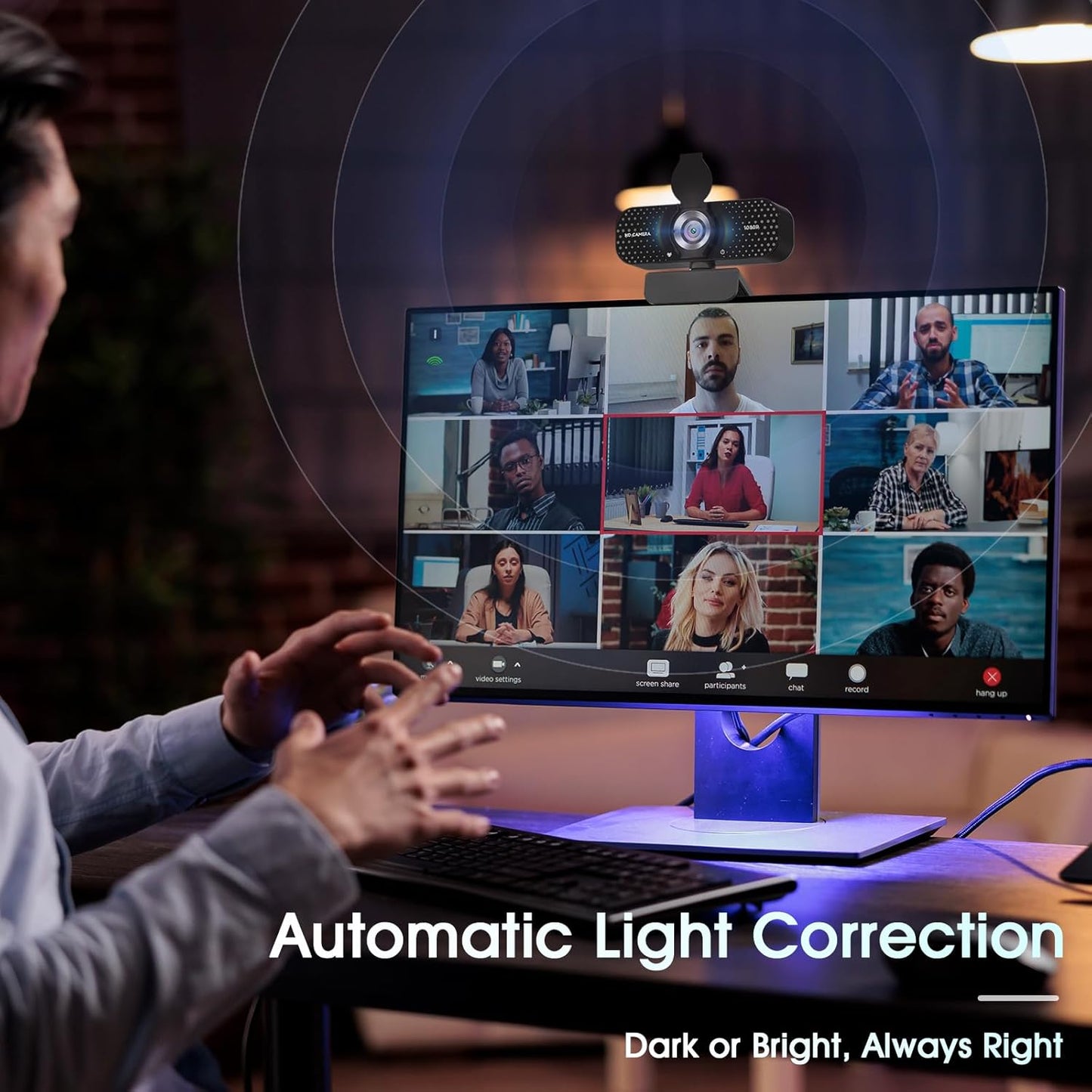 1080P Full HD Webcam with Auto Light Correction, Noise-Canceling Mic, Privacy Cover and Wide Angle Lens, Plug & Play USB Camera for Desktop/Laptop/Mac/PC, Compatible with Teams/Zoom/Skype/Streaming