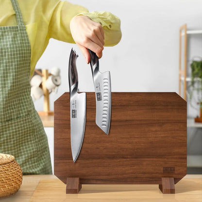 HOSHANHO Magnetic Knife Block 14 x 10 Inches, Double Sided Magnetic Knife Holder Rack for Kitchen Counter, Acacia Wood Magnetic Knife Storage Stand with Knife Sharpener