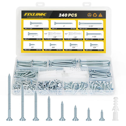Wood Screws Assortment Kit, FIXLINK 240 PCS High Hardness Flat Head Wood Screws Set, Phillips Drive Screws, Contain 15PC Drywall Anchor and 8 Size (2-1/2”,2”,1-1/2”,1-1/4”,1”,3/4”,5/8”,1/2”), Black