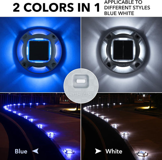 Solar Deck Lights Outdoor 12 Pack, AGPTEK Solar Deck Lights 2 Color Modes Dock Marine Waterproof Warning Step Lights for Sidewalk Stair Driveway Garden Pathway Walkway Yard, Blue Light & Cool White