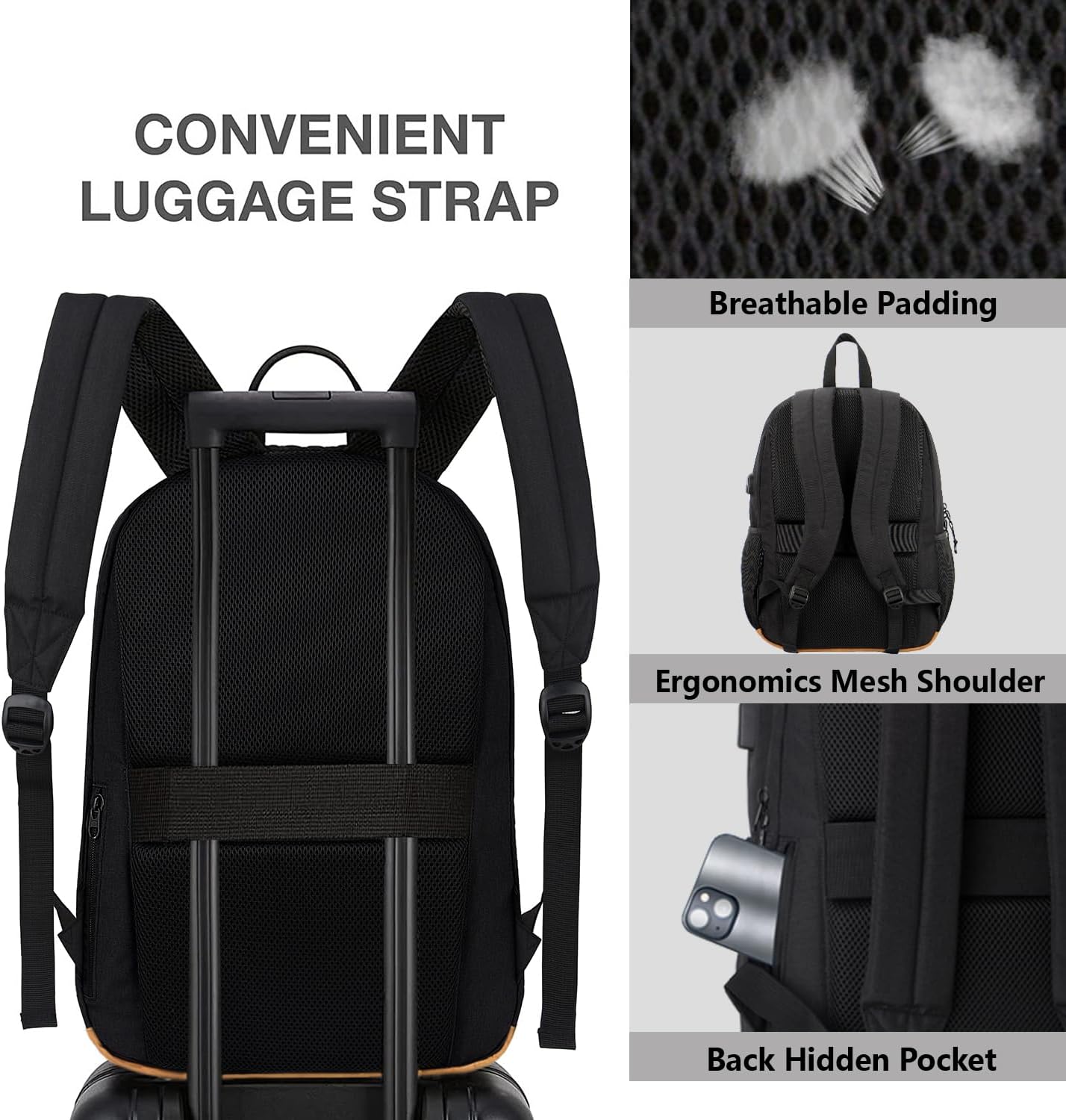 KEOFID classic carry-on travel backpack for men and women, Anti theft laptop backpack with USB charging port, large backpack for college(dark black）