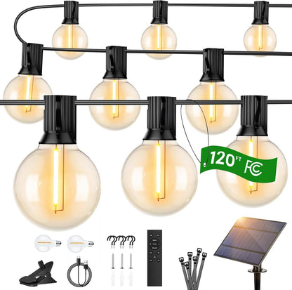 OHLUX 120FT Solar String Lights Outdoor with Remote, Patio Lights with 52 Shatterproof G40 Globe LED Filament Bulbs, Dimmable Outside Edison Hanging Light for Backyard Party Decor