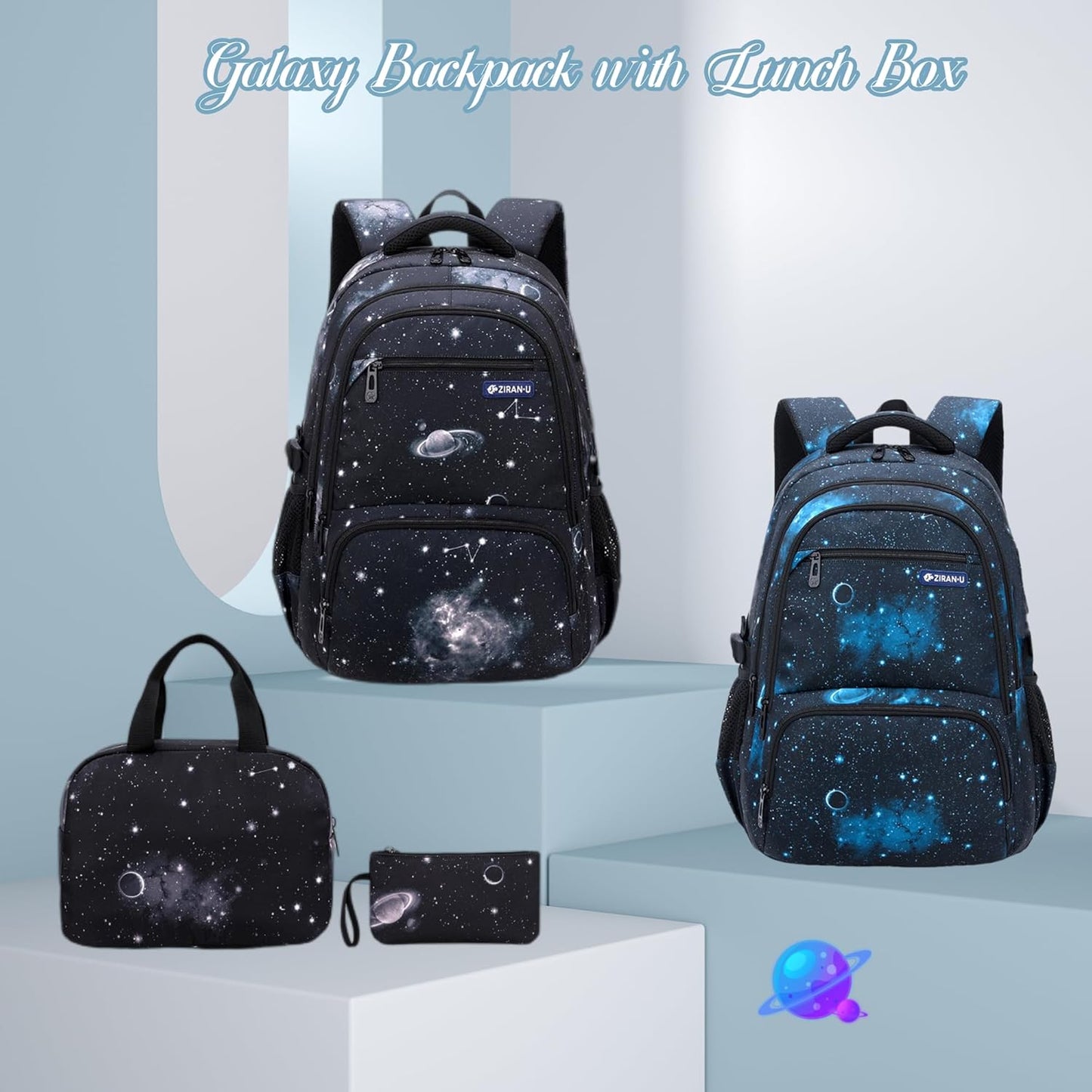 Boys Backpacks Primary Junior High School Bag Kids Bookbag with Lunch Bag 3 in 1 Casual Daypack Set Space Galaxy Durable Knapsack