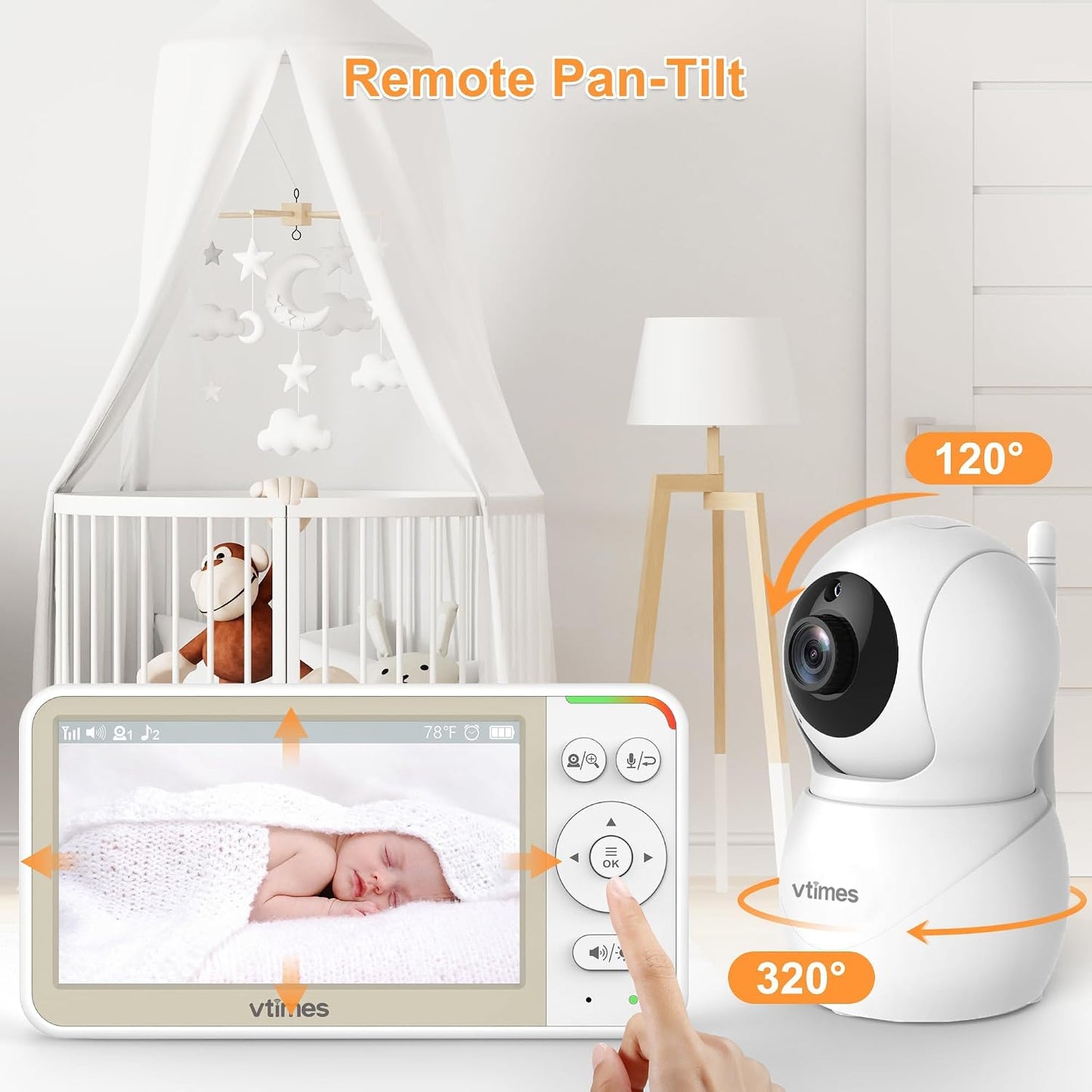 VTimes No WiFi Baby Monitor Camera & Auido, 5" Screen with 30Hr Battery Pan-Tilt-Zoom, VOX Mode, Two-Way Audio, Night Vision, 1000ft Long Range，Temperature Alert, Lullabies,French & English