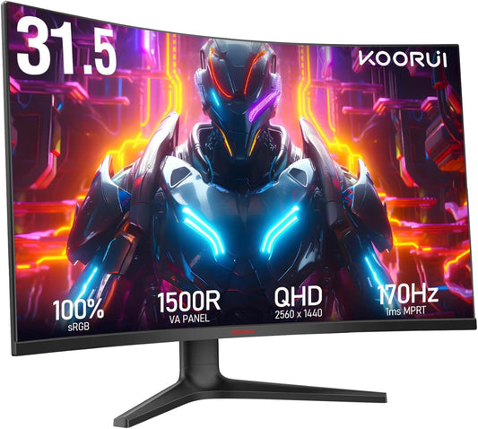 KOORUI 32 inch Curved Gaming Monitor - QHD (2560 x 1440) 2K Display, 170Hz 144Hz Monitors, 1500R Curvature, 1ms, HDR10, Adaptive Sync, Tilt Adjustable, DisplayPort HDMI, Black - 32E6QC - PuriLite