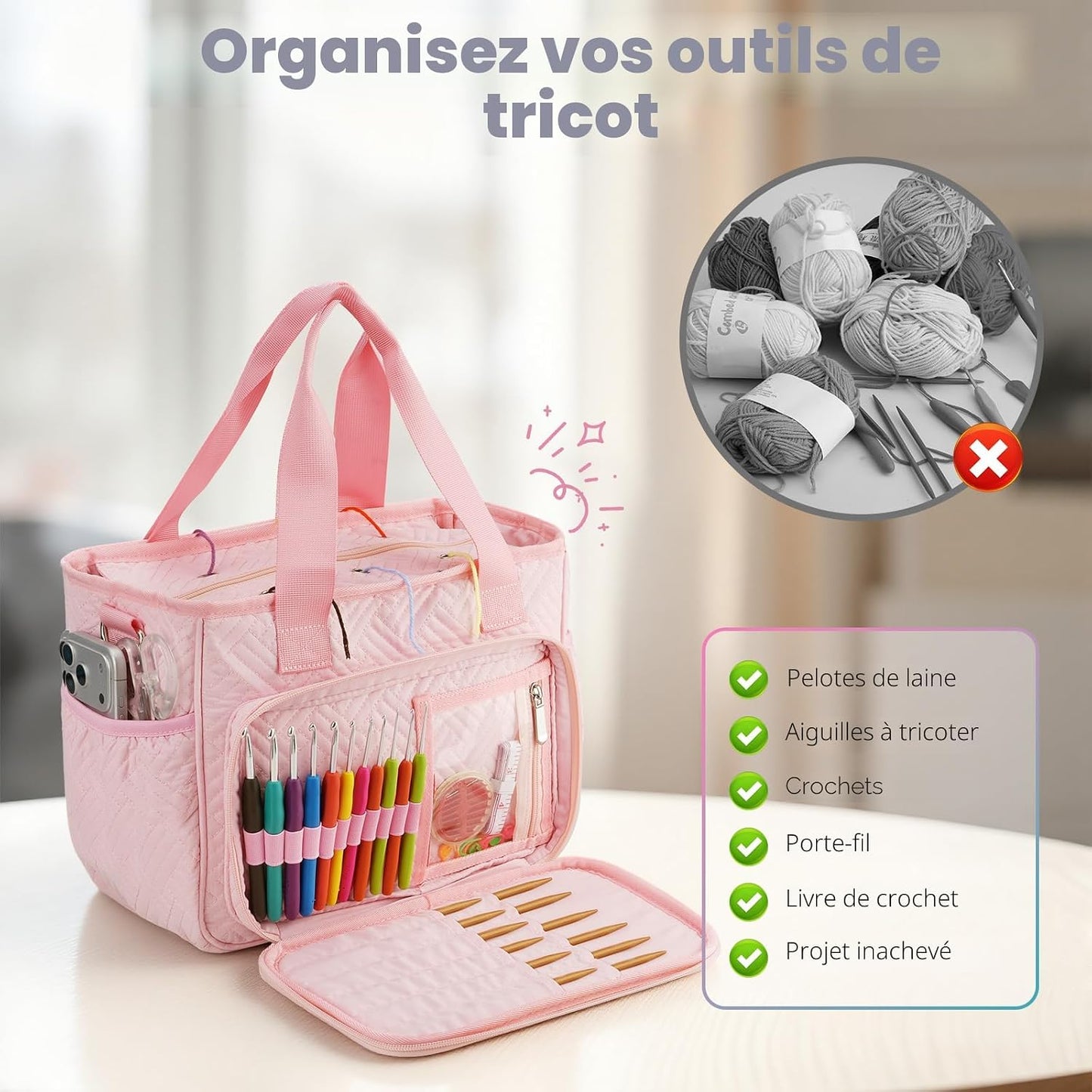 Dadanism Crochet Bag Organizer, Yarn Bag and Tote with Handle & Shoulder Strap, Yarn Storage with Multiple Pockets for Crochet Supplies, Portable Knitting Bag for Gifts/Crochet Lovers, Pink