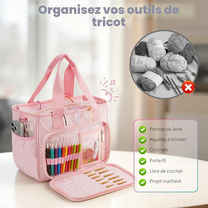 Dadanism Crochet Bag Organizer, Yarn Bag and Tote with Handle & Shoulder Strap, Yarn Storage with Multiple Pockets for Crochet Supplies, Portable Knitting Bag for Gifts/Crochet Lovers, Pink