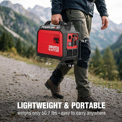 PowerSmart 3600W Portable Inverter Generator, Whisper Quiet Generator for Home Use, Camping, RV Ready, Gas Powered, Black & Red, Lightweight & Compact Design