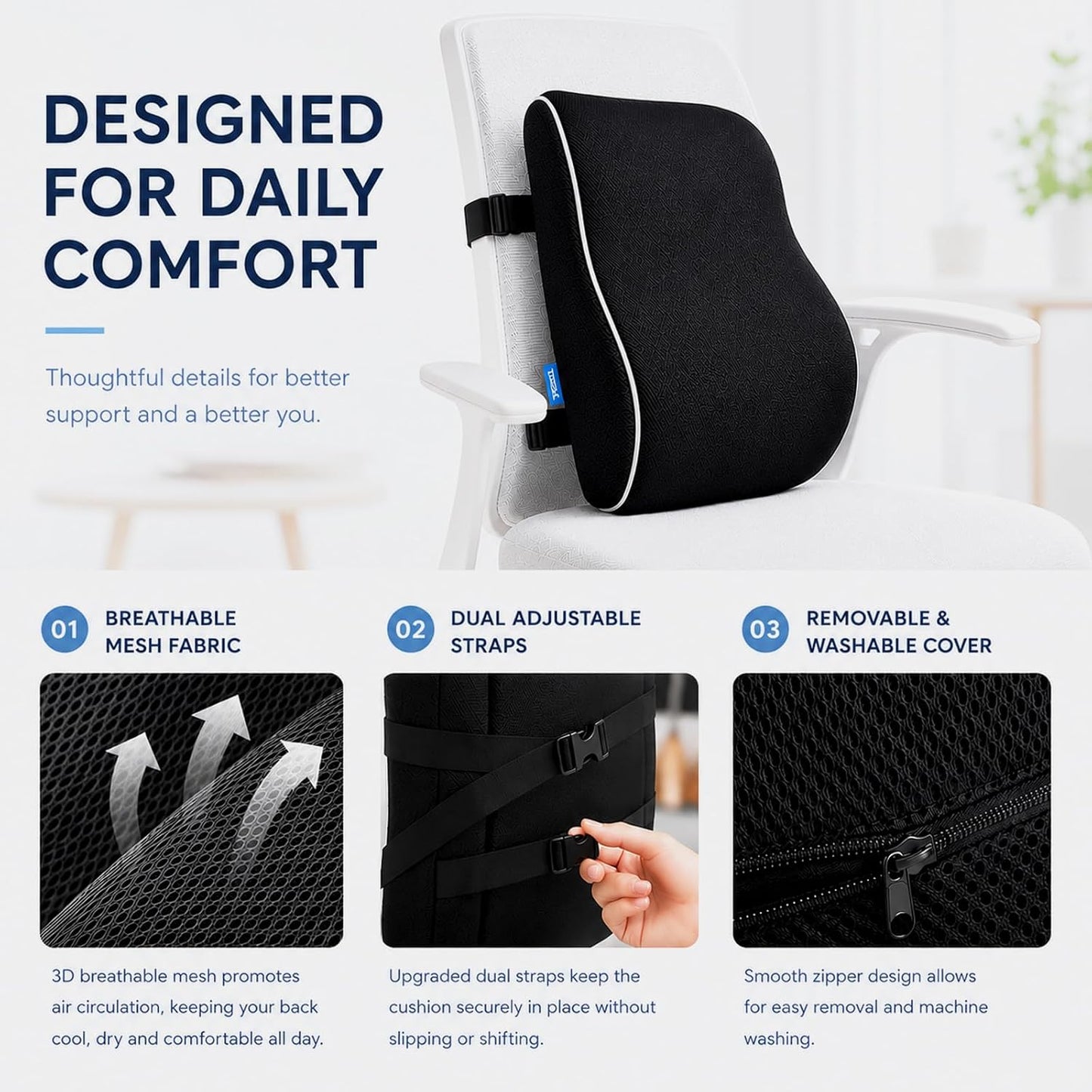 QUTOOL Lumbar Support Pillow for Office Chair, High-Density Memory Foam Back Cushion with Dual Adjustable Straps, Breathable 3D Mesh Cover, Ergonomic Back Support for Everyday Sitting