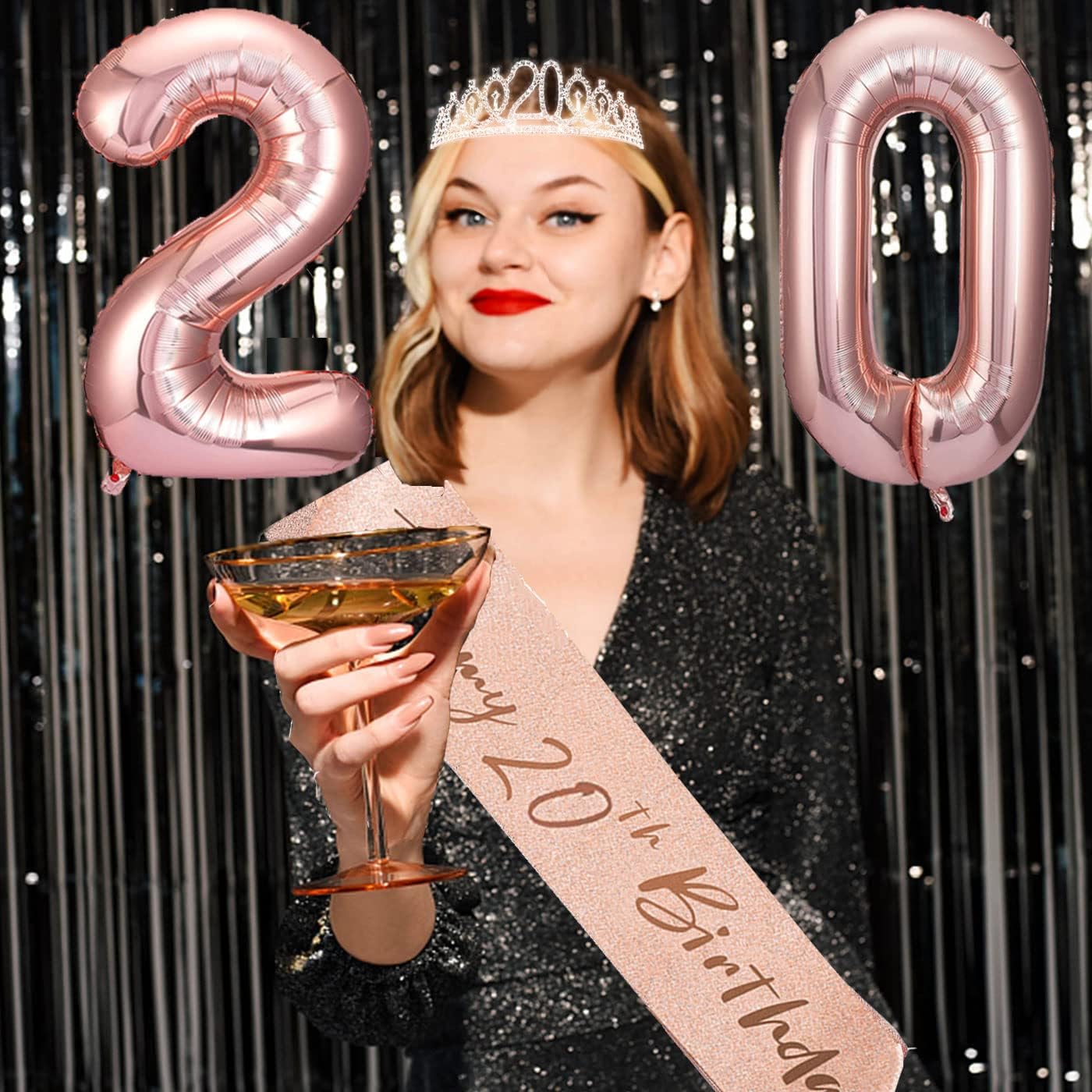 8pcs 40th Birthday Decorations gifts for Women, Including 40th Happy Birthday Cake Topper, Queen Sash with Pearl Pin, Sweet Rhinestone Tiara Crown for Women, Number Candles and Balloons (Rose Gold)