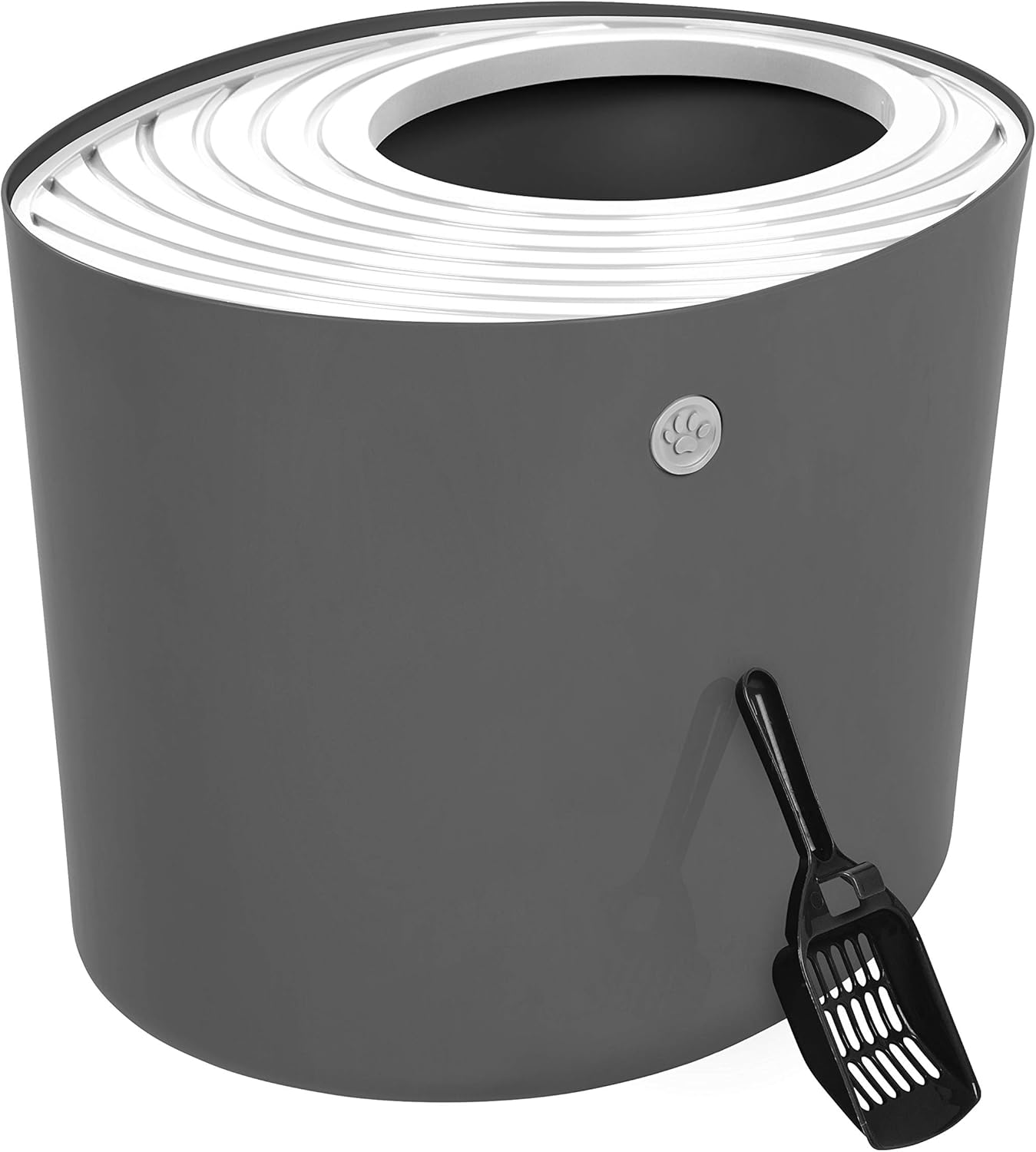IRIS USA Top Entry Cat Litter Box with Scoop - Large - Stylish Enclosed Round Oval Kitty Dog Proof Box, Litiere Pour Chat Bac - White/Beige