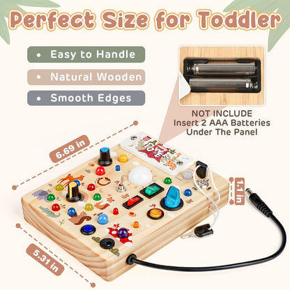 Joyreal Montessori Busy Board Wooden Sensory Toys for Toddler with LED Light Up Switch, Baby Fidget Board Travel Toys for 18+ Months, Boys Girls Birthday