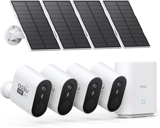 AOSU 5MP/3K Solar Security Cameras System 4-Kit, No Monthly Fee, 32GB Homebase Local Storage, 166° Ultra-Wide Angle Security Camera Wireless Outdoor, Forever-Solar Powered, Color Night Vision