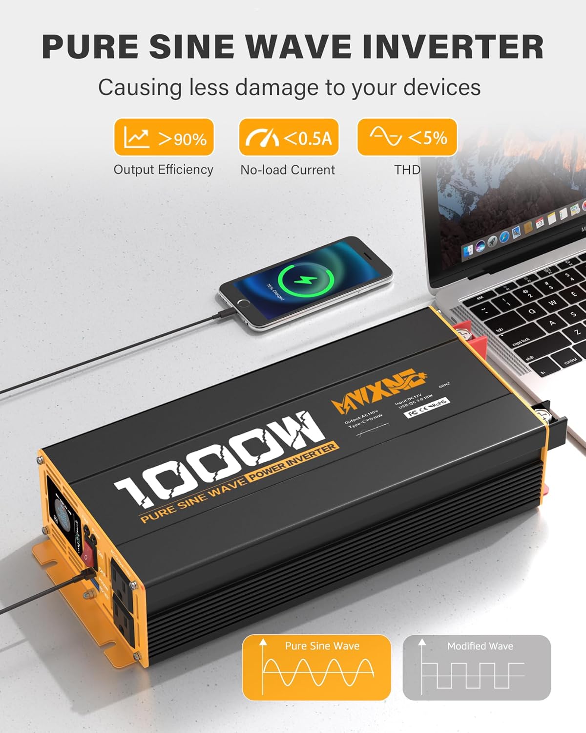 MWXNE 2000W Pure Sine Wave Inverter 12V DC to 110V 120V AC Car Converter for RV Truck Off-Grid Solar Power Inverter with 4 AC Outlets, USB/Type-C Fast Charging Ports, LCD Display, Remote Control