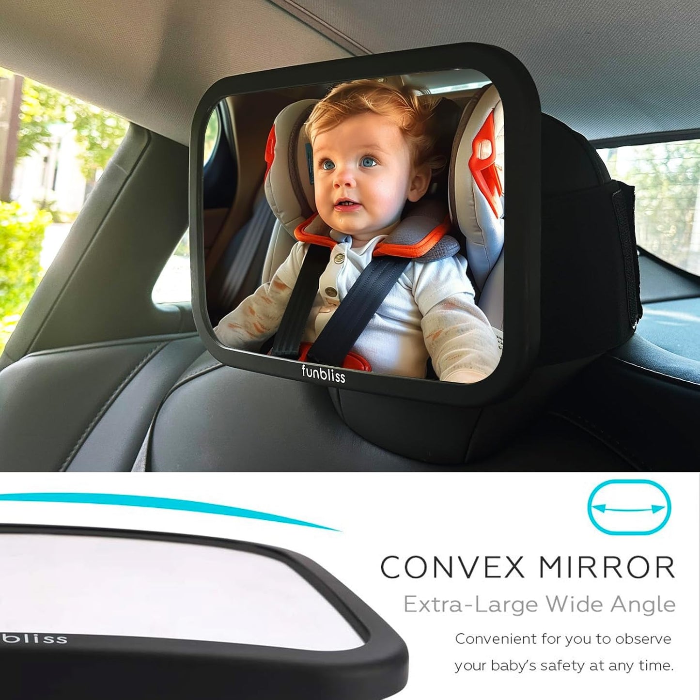Funbliss Baby Car Mirror for Rear Facing Seat,360° Rotation, Safety CertifiedShatterproof Acrylic Glass, Clear Wide View,Infant Car Mirror for Car Seat Rear Facing,Baby Vehicle Mirror