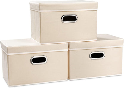 PRANDOM Large Foldable Storage Bin with Lid [1-Pack] Linen Fabric Decorative Storage Box Organizer Containers Basket Cube with Handles Divider for Bedroom Closet Office Living Room (17.7x11.8x11.8")