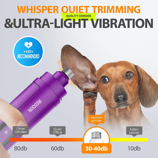 IREDOON Dog Nail Grinder Upgraded - Professional 3-Speed Super Quiet and Low Vibration Electric Pet Nail Grinder with 4 LED Lights - Painless Paws Grooming & Smoothing for Small to Large Dogs (Purple) - PuriLite