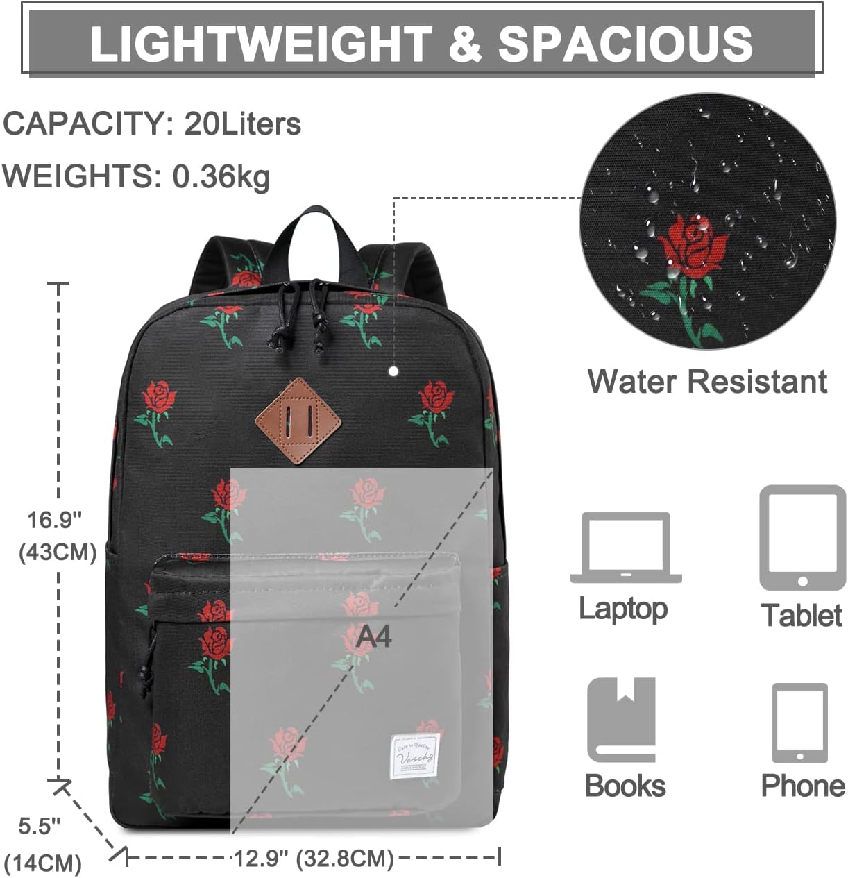 School Backpack for Kids, VASCHY Lightweight Water Resistant Casual Schoolbag Daypack for Men Women Teen Boys Girl Bookbag