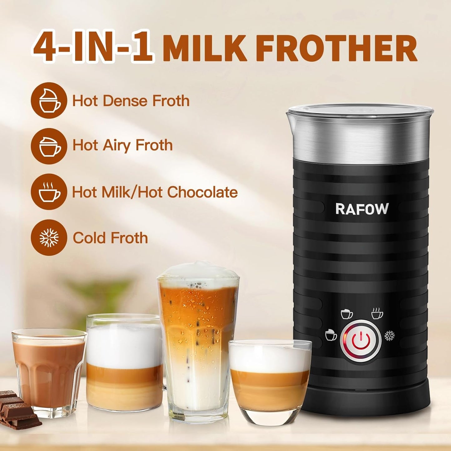 4 in 1 Electric Milk Frother: 10oz/350 mL Large Capacity Electric Milk Steamer for Hot and Cold Milk Froth - Automatic Milk Frother & Warmer for Latte, Cappuccinos, Macchiato, Hot Chocolate
