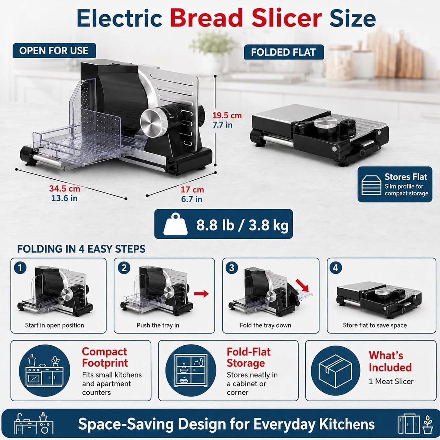 Foldable Meat Slicer Machine, 160W Electric Bread Slicer with Stainless Steel Blade, 0-18mm Thickness Adjustable, Food Cutter for Frozen Deli Meat Jerky