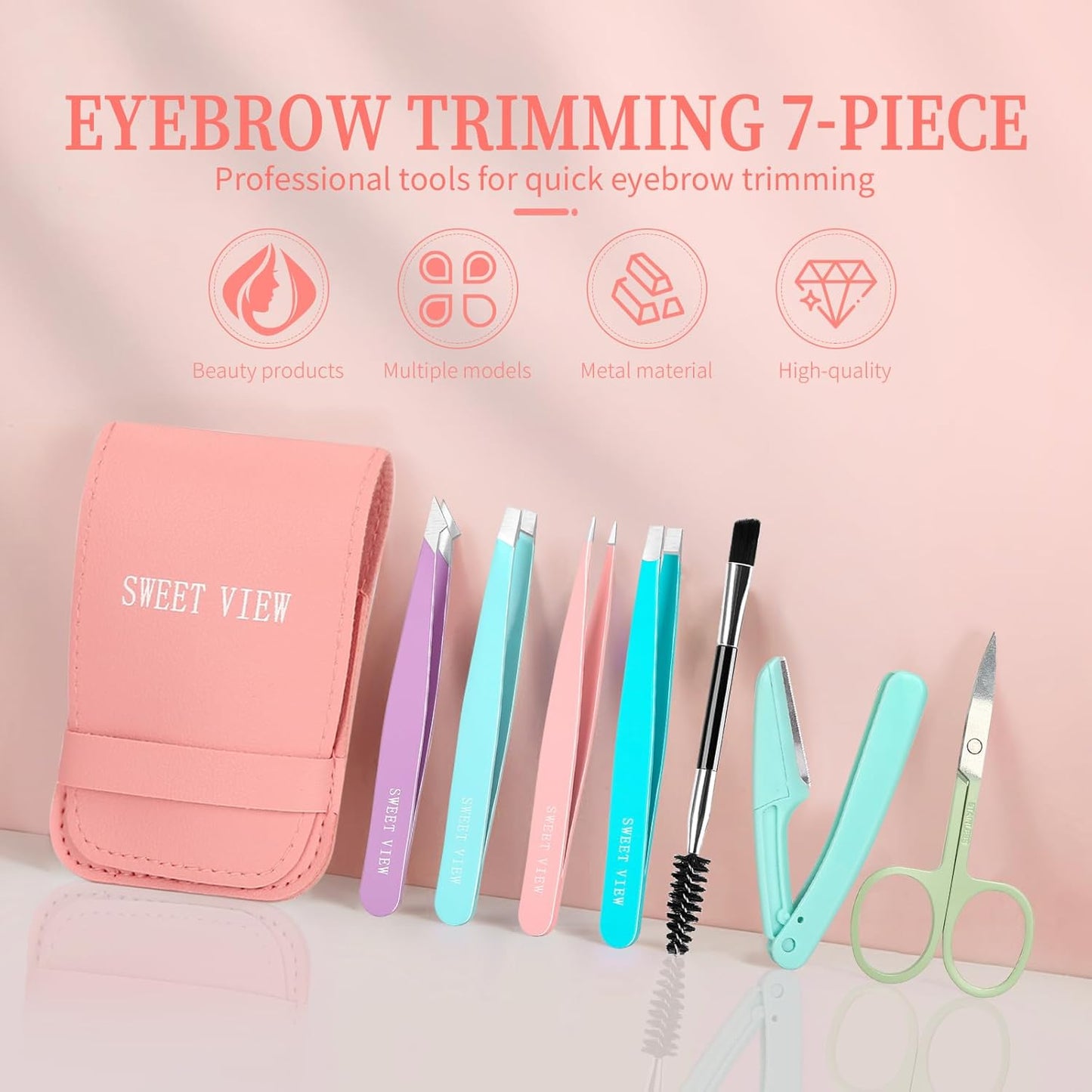 SWEET VIEW 7pcs Eyebrow Tweezers Set, Stainless Steel Tweezers for Women and Man, Precision Plucker Tweezers for Facial Hair, Chin, Eyebrow, Splinter and Ingrown Hair Removal