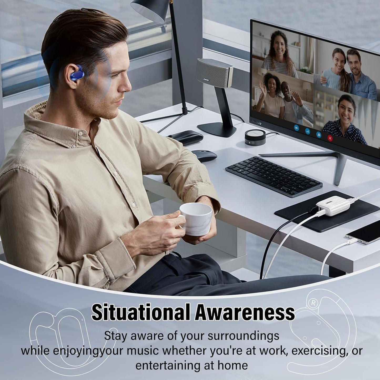 Open Ear Headphones, Bluetooth 5.4 Earphones 36H Playtime Air Conduction Headphones with Mic, Adjustable Earhook Earbuds with ENC Clear Calls/LED Display, IPX7 Waterproof Open Ear Earbuds Dark Purple