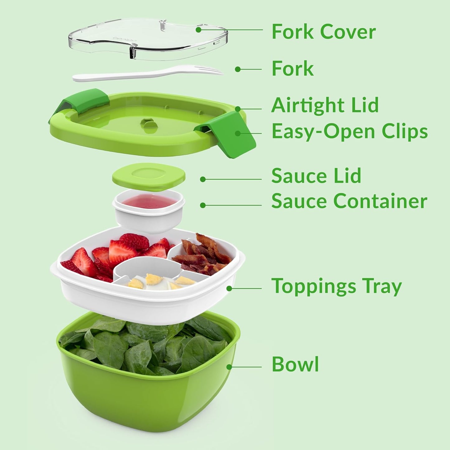 Bentgo Salad - Stackable Lunch Container with Large 54-oz Salad Bowl, 4-Compartment Bento-Style Tray for Toppings, 3-oz Sauce Container for Dressings, Built-in Reusable Fork & BPA-Free (Khaki Green)