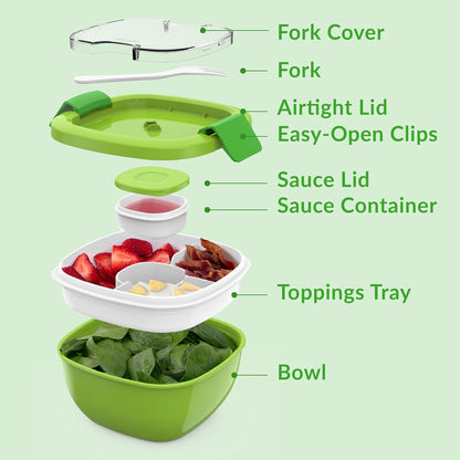 Bentgo Salad - Stackable Lunch Container with Large 54-oz Salad Bowl, 4-Compartment Bento-Style Tray for Toppings, 3-oz Sauce Container for Dressings, Built-in Reusable Fork & BPA-Free (Khaki Green)