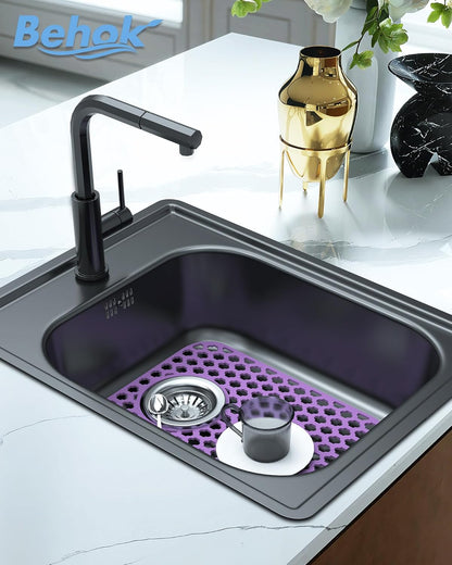 BEHOK 2 Pack Silicone Sink Protector for Kitchen Sink Bathroom Sink 13.58"x 11.6" Sink Mat, Non-Slip and Durable Silicone Sink Grid, Rear Drain (Gray)